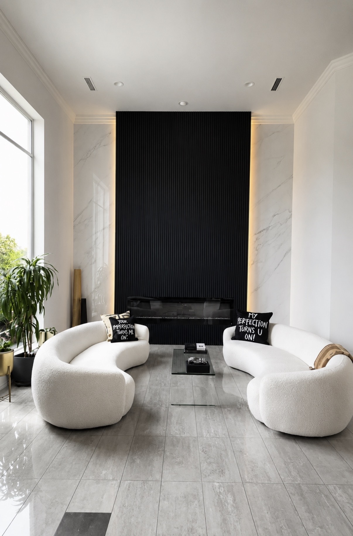 Finished luxury slat fireplace wall with designer seating by Obsidian Walls