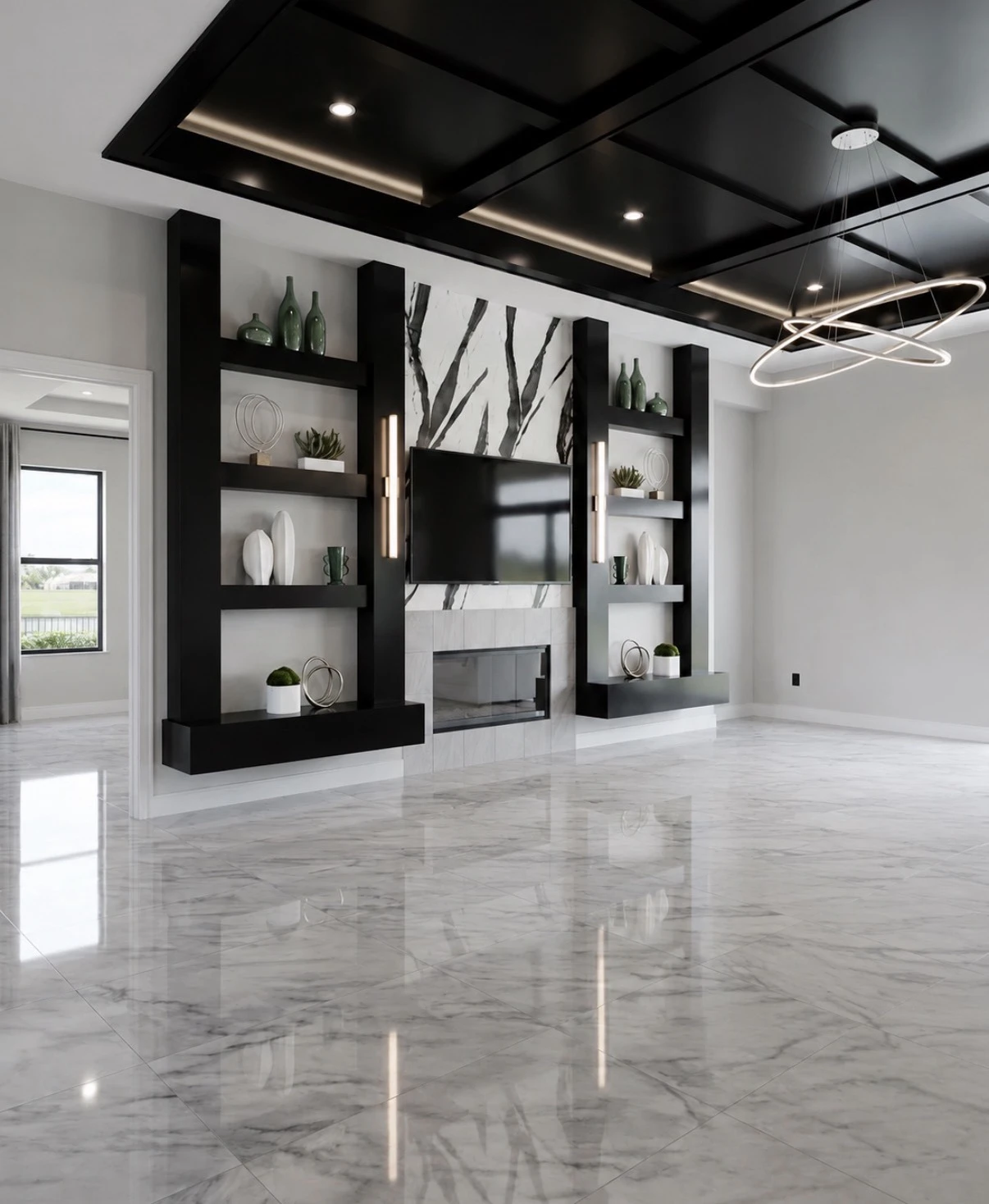 Living room feature wall with black built-in shelving, marble fireplace surround and integrated lighting by Obsidian Walls